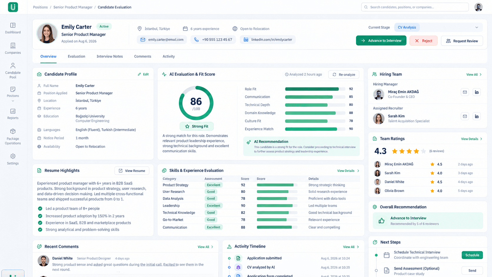Unilise candidate evaluation dashboard with AI scoring and assessment details