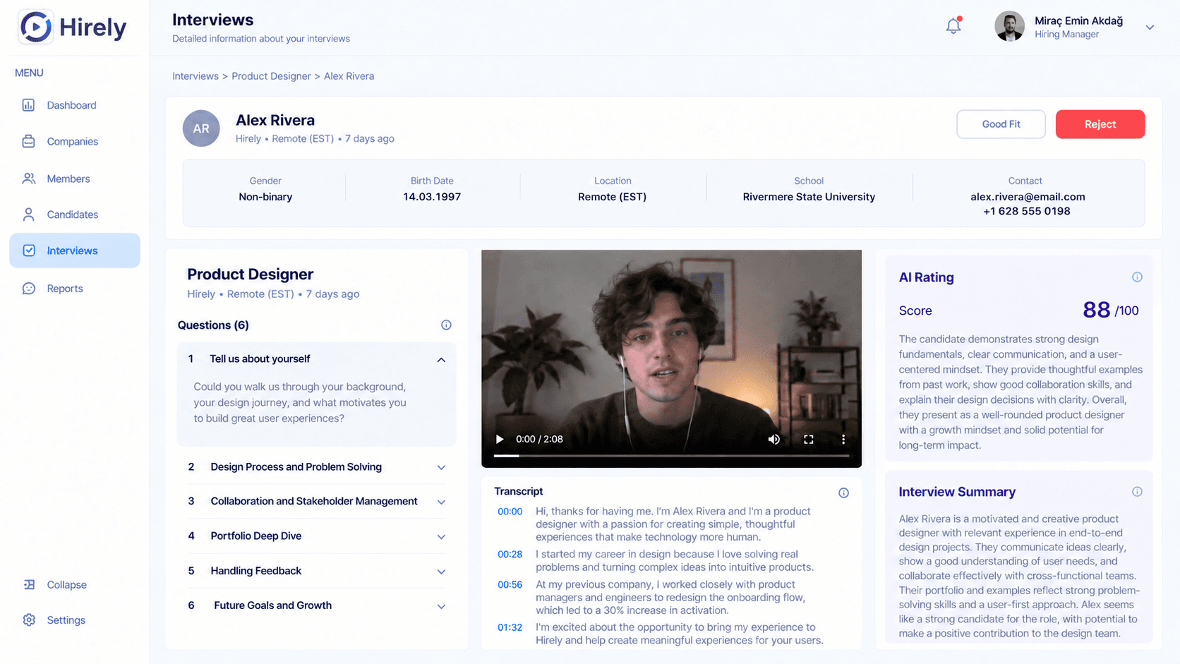 Hirely candidate video interview response interface